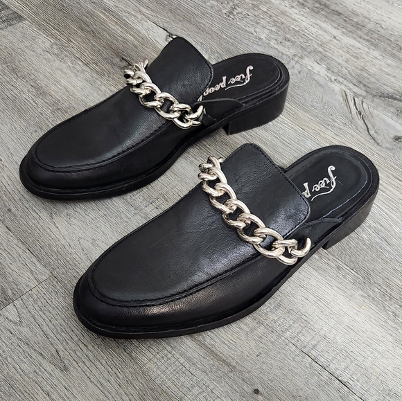 Free People‎ Vida Black Leather Silver Chain Mules - Picture 3 of 11